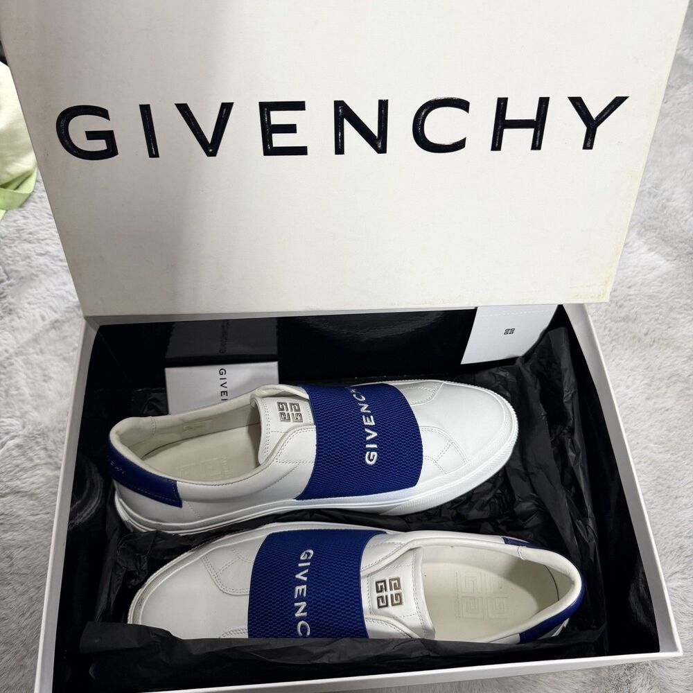 Givenchy City Court Sneakers In White Leather Blue Logo Strap Size 44 US 11 Mens